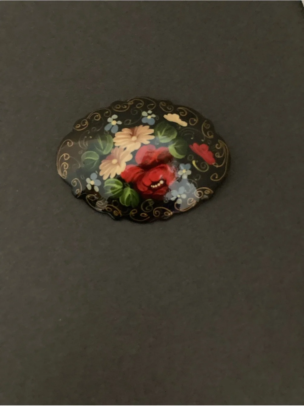 Vintage Handpainted Signed Laquer Brooch